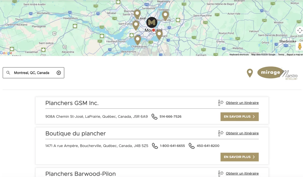 Interface du Dealer Locator Mirage avec carte et résultats de recherche