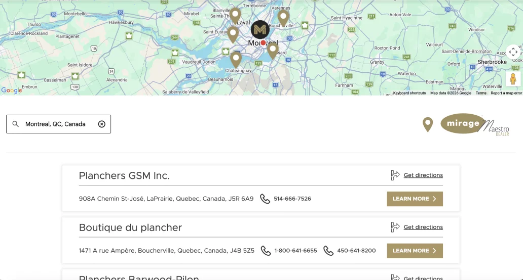 Mirage Dealer Locator interface with map and search results