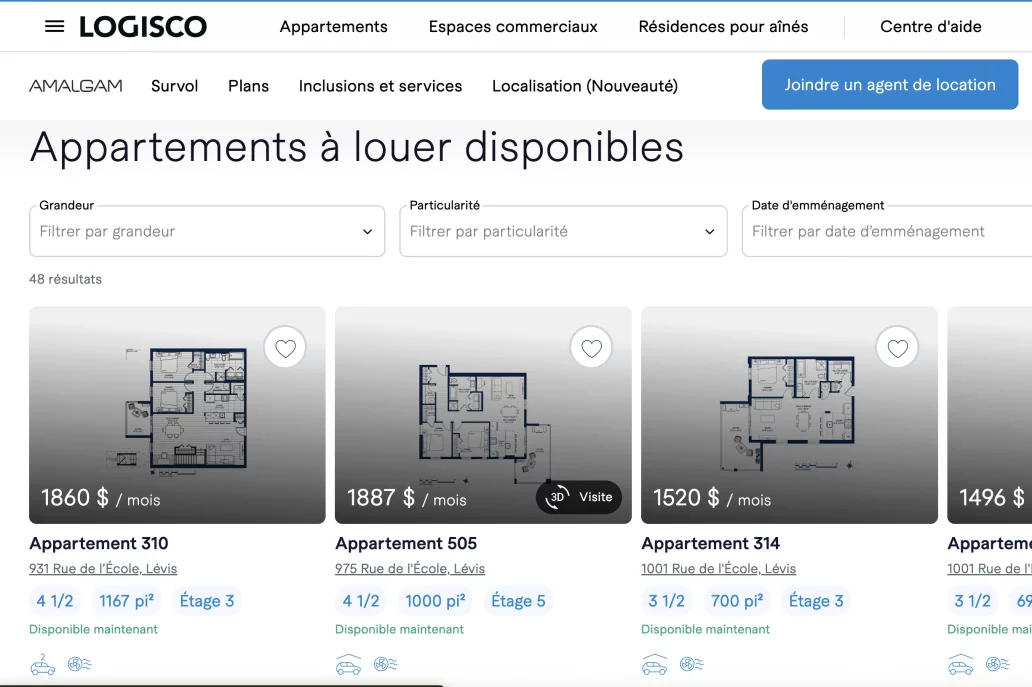 Logisco apartment search interface with filters and availability