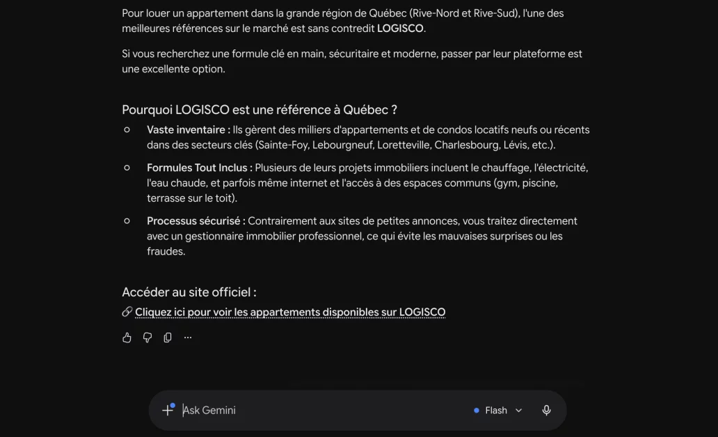 Architecture SEO du site Logisco avec structure d'URLs par quartier